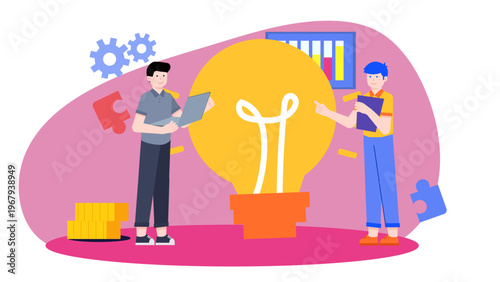 Creative concept of a business incubator and hub with characters generating big ideas and innovation