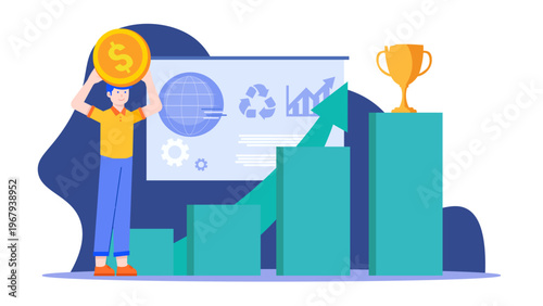 Illustration of startup growth hacking and marketing strategy showing rapid progress and financial success