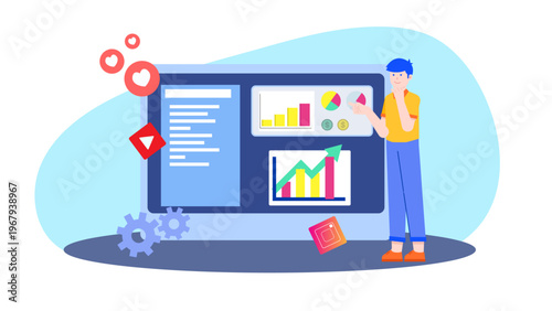 Man analyzing digital dashboard and social media metrics to manage business brand reputation