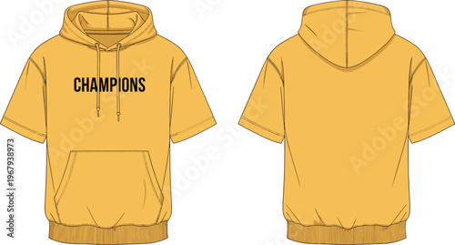 Technical fashion flat sketch of yellow short-sleeve hoodie with drawstring hood, front pocket and bold chest text design