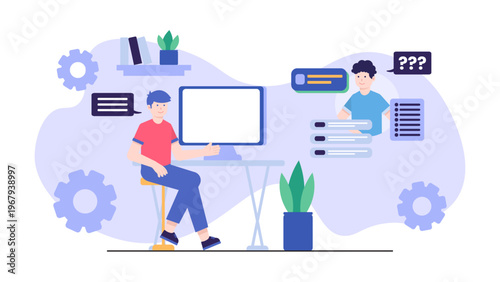Flat design illustration of a professional business internship interview process with characters and office elements