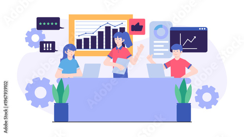 A group of business leaders conducting a press conference or media briefing with data displays and positive growth charts in the background