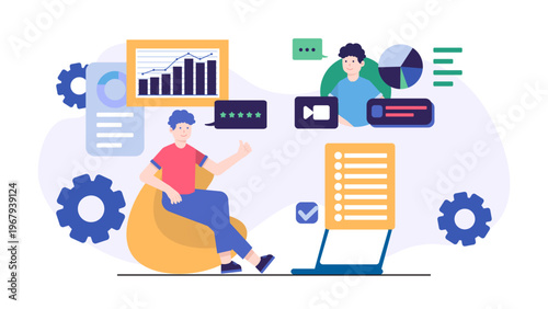 A professional managing online business reputation and customer feedback through digital platforms with high ratings and performance metrics