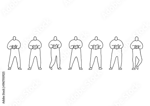 本を立ち読みしている人物の手描きイラストセット（線画）