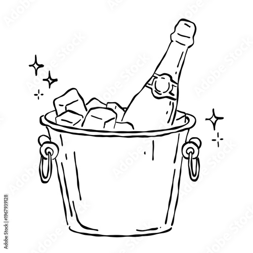Champagne bottle chilling in ice bucket luxury celebration drink romantic wedding reception party toast line art clipart