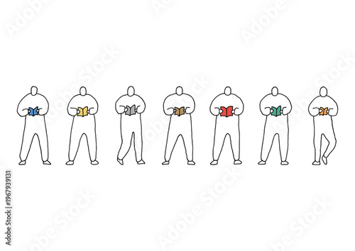 カラフルな本を立ち読みしている人物の手描きイラストセット（線画）