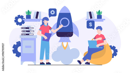 Two entrepreneurs launching a rocket representing a startup accelerator program and business growth with funding and technical support icons