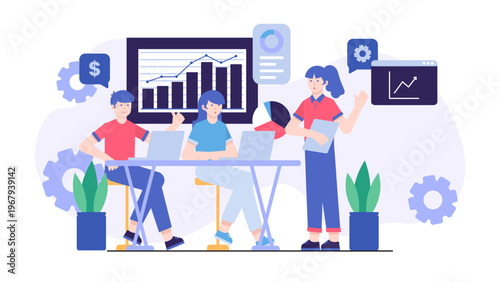 A business team presenting a growth strategy and data pitch to potential investors with charts and financial symbols in a professional meeting