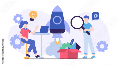 A workspace scene showing a business incubator or hub where new ideas are developed and startups are launched with tools and creative symbols