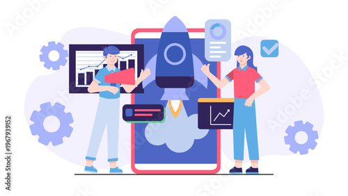 Startup growth hacking and marketing concept featuring a rocket launch representing rapid business development and digital strategy