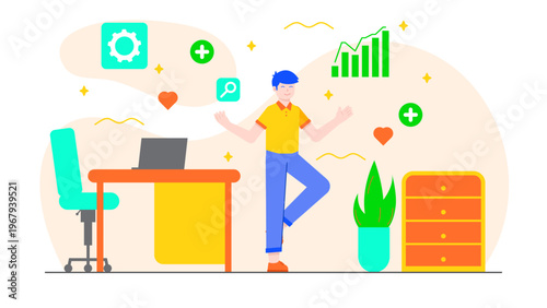 A happy employee practicing a yoga balance pose in the office to promote health and productivity