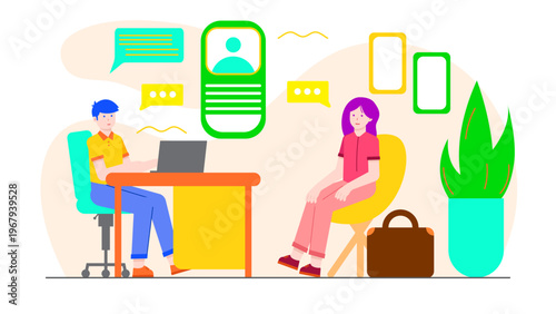 A male HR manager interviewing a female candidate at a desk with a digital profile floating in the background