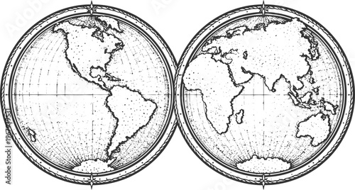 Vintage World Map Globe Illustration Engraving Style Double Hemisphere