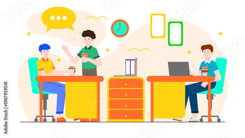 Colleagues standing and sitting while having a coffee break and chatting during a workday