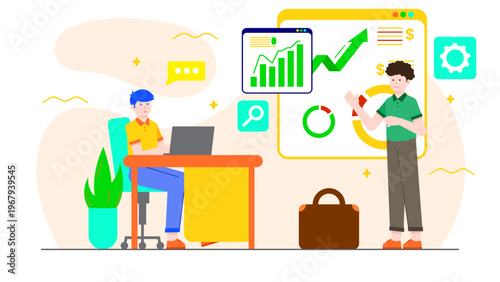 An experienced professional presenting a data board to a colleague as part of a mentorship program