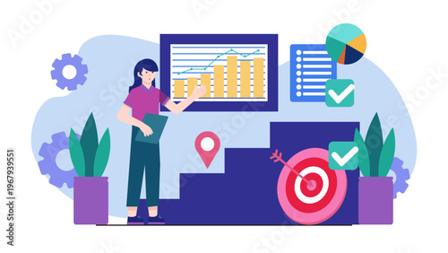 A professional woman presenting a data chart next to a staircase representing career growth and business goals