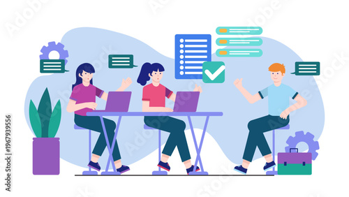 Two female recruiters interviewing a male candidate in a modern blue-themed office setting