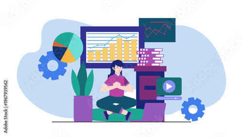 A woman meditating in a lotus position at her desk surrounded by health data and office elements