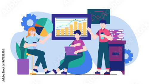 A group of colleagues enjoying coffee and informal discussion in a relaxed office lounge area