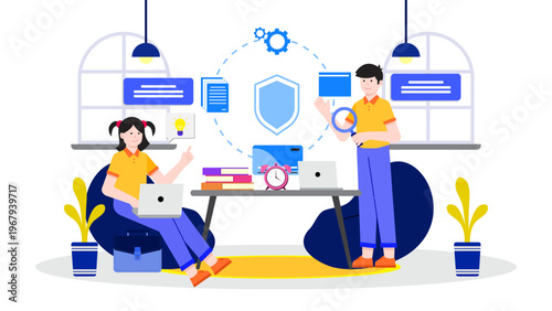 A flat illustration of people working on laptops to prevent hacking and secure digital data with a shield icon