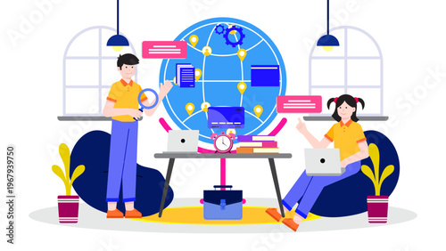 People collaborating in a worldwide digital business network environment with global connectivity icons