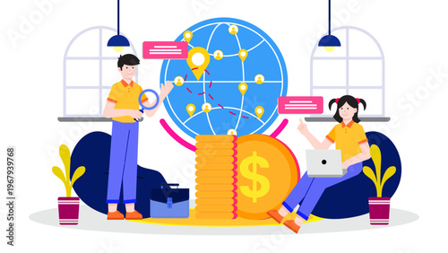 Illustration of a business team planning to expand their market to a new country using global mapping