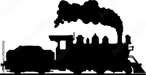 Vintage Steam Locomotive Train Silhouette with Smoke Cloud Vector Illustration