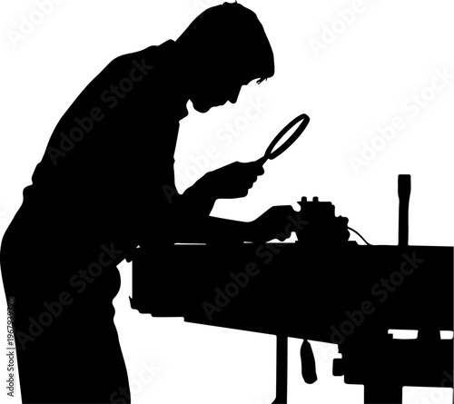 Silhouette of a Man Using a Magnifying Glass to Inspect a Device on a Workbench