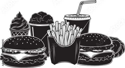 Fast Food Illustration with Burgers, Fries, and Ice Cream