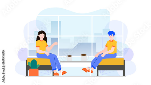 Two colleagues having a coffee and conversation during lunch break