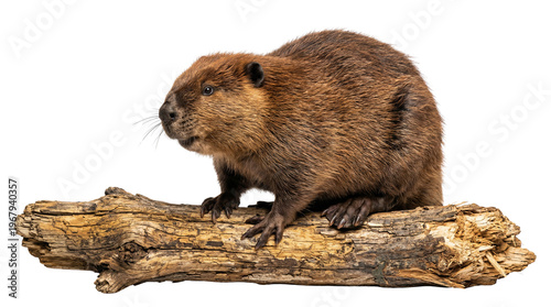 North American beaver sitting on a brown log, profile view, furry rodent, wildlife animal, isolated on white