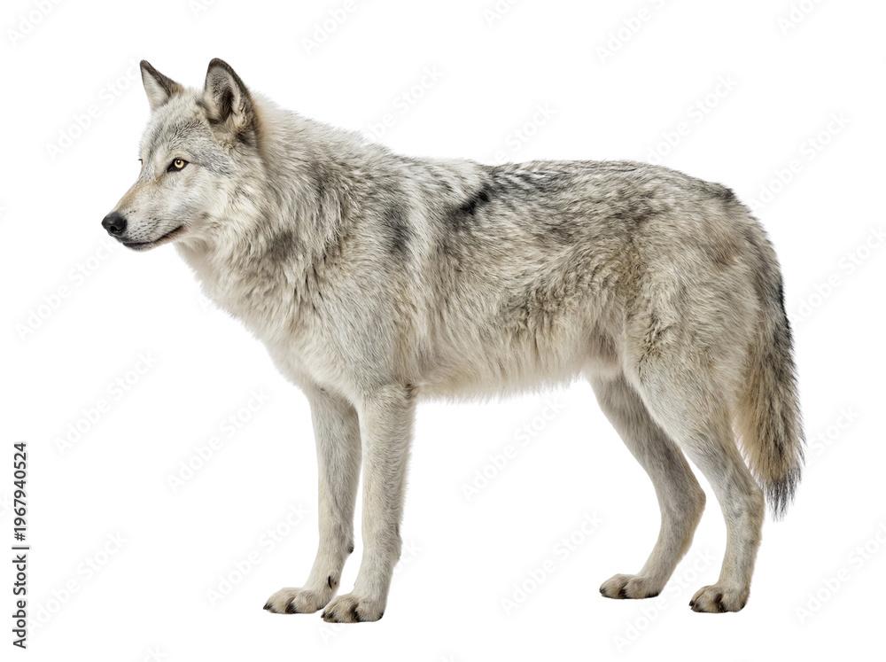 Obraz premium Gray wolf standing sideways, full body profile, wild animal, Canis lupus, isolated on white