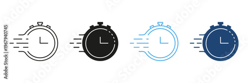 Speed Stopwatch Icon Set. Time Management, Efficiency, And Quick Response Outline And Silhouette Symbol Collection. Fast-Paced Lifestyle And Productivity. Isolated Vector Illustration