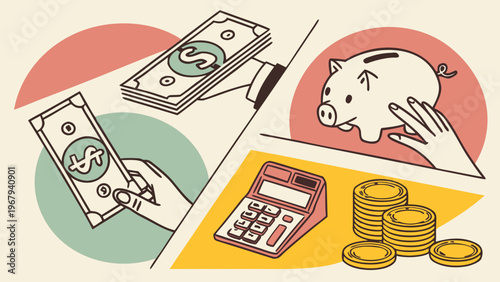 Money concept halftone art collage cut outs set. Paper clippings, hands holding 100 dollar bills, cash, golden coins, piggy bank, calculator. Modern retro mixed media vector illustration