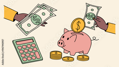 Money concept halftone art collage cut outs set. Paper clippings, hands holding 100 dollar bills, cash, golden coins, piggy bank, calculator. Modern retro mixed media vector illustration