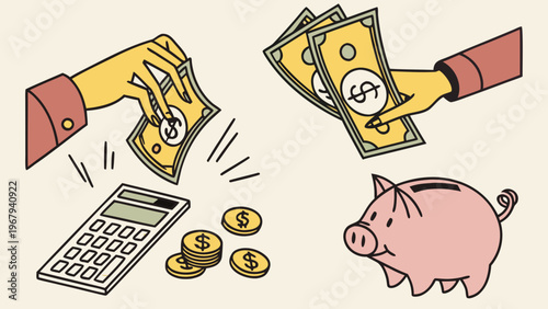 Money concept halftone art collage cut outs set. Paper clippings, hands holding 100 dollar bills, cash, golden coins, piggy bank, calculator. Modern retro mixed media vector illustration