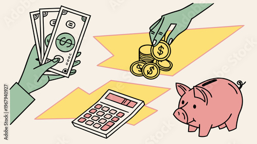 Money concept halftone art collage cut outs set. Paper clippings, hands holding 100 dollar bills, cash, golden coins, piggy bank, calculator. Modern retro mixed media vector illustration