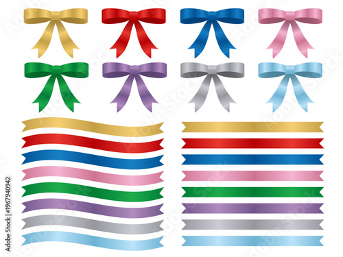 Colorful Ribbon Bow and Banner Set: Vector Collection of Glossy Silk Ribbons and Decorative Lines in Gold, Silver, Red, Blue, Green, Pink, and Purple for Celebration and Gift Design