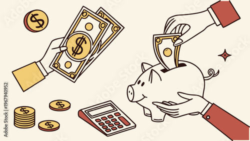 Money concept halftone art collage cut outs set. Paper clippings, hands holding 100 dollar bills, cash, golden coins, piggy bank, calculator. Modern retro mixed media vector illustration