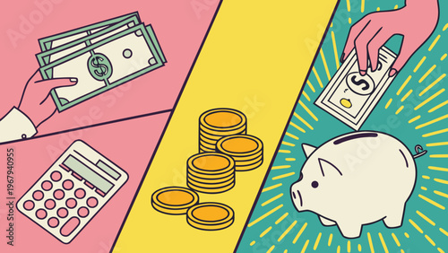 Money concept halftone art collage cut outs set. Paper clippings, hands holding 100 dollar bills, cash, golden coins, piggy bank, calculator. Modern retro mixed media vector illustration