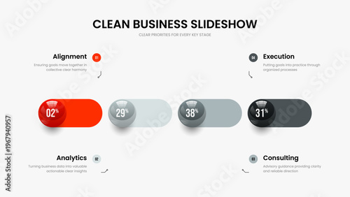 Educational Introduction Four Element Graph Presentation Layout. Marketing Campaign Slideshow Template Vector Illustration. Business Review 4 Step Chart Frame Design.