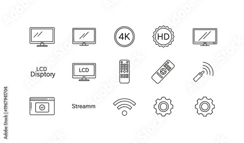Smart TV Line Icons Set with Monitor, 4K, HD, LCD, Remote Control Symbols Editable Vector Illustration