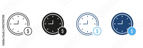 Clock With Dollar Coin Icon Set. Time Management, Financial Planning, And Cost Efficiency Outline And Silhouette Symbol Collection. Business Strategy And Budgeting. Isolated Vector Illustration