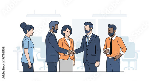 Business people shaking hands, office teamwork, partnership, handshake agreement, professional collaboration