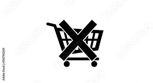 Shopping cart cancellation, rejected, or refused vector icon, black symbol on white background, e-commerce failure