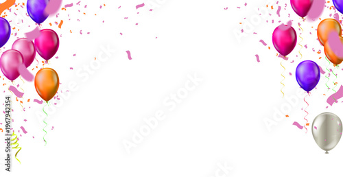 Vibrant celebration background featuring groups of glossy balloons in various colors including purple, magenta, orange, and silver, floating on both sides