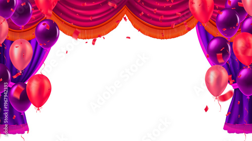 Luxurious celebration stage background featuring grand purple and magenta velvet curtains gold fringe trim at the top and sides The scene  framed festive bunch glossy red and purple balloons