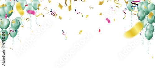 Festive celebration background featuring a bunch of glossy mint green and light teal balloons floating on both sides