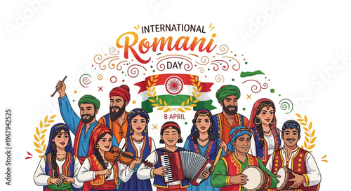 Illustration of a diverse group of Romani people celebrating International Romani Day with traditional clothing and musical instruments on a white background with colorful designs.