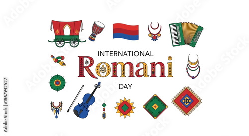 A vibrant illustration celebrating International Romani Day with various cultural symbols and icons on a white background, promoting Roma heritage awareness and cultural diversity.